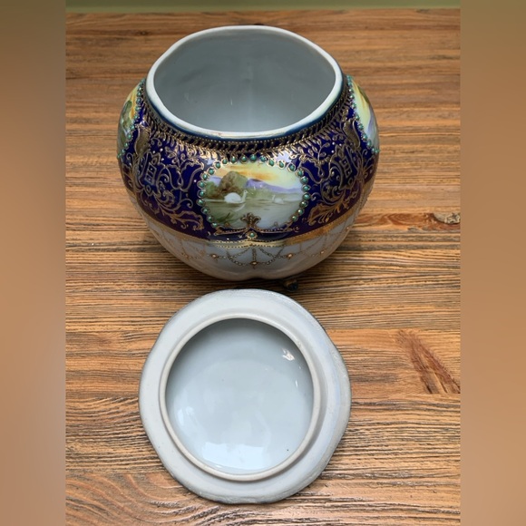 Nippon Vintage Ornate Blue and Gold Covered Jar With Landscape Scenes - Picture 13 of 16